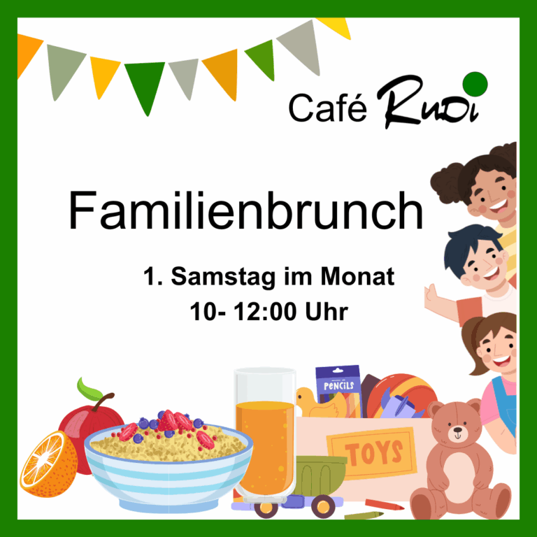Der Familienbrunch findet (meistens) am 1. Samstag im Monat statt. Das RuDi stellt Brot, Vollkorn-Waffeln, Kaffee, Tee und ein paar Basics. Jede Familie bringt einen kleinen Beitrag zum Brunch mit. Bitte vorher bei Lena Mischke anmelden. Über eine kleine Spende von 1-3 Euro pro Familie freuen wir uns.