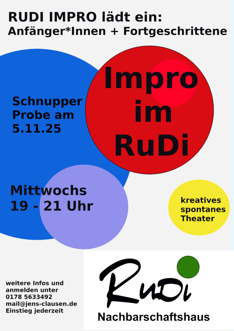 Einladung zur Schnupper-Probe für das Impro-Theater im Rudi. Die Schnupperprobe findet am 5.11., 19-21:00 Uhr statt im Erdgeschoss im RuDi.