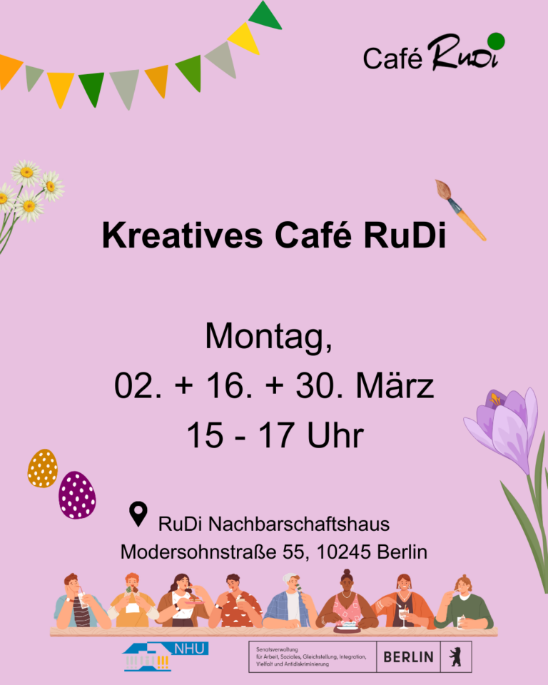 Im März wird es wieder kreativ im Café RuDi. Kommt gern auch einen entspannten Nachmittag vorbei, genießt ein Stück Kuchen und lasst uns gemeinsam kleben, falten, stempeln, schneiden, lachen. Materialien haben wir vorrätig. Ihr könnt natürlich auch gern eigene Projekte mitbringen. Wann: Montag, 02. + 16. + 30. März, 15-17 Uhr Wo: RuDi Nachbarschaftshaus, Modersohnstraße 55, 10245 Berlin Wir freuen uns auf euch! 🎨